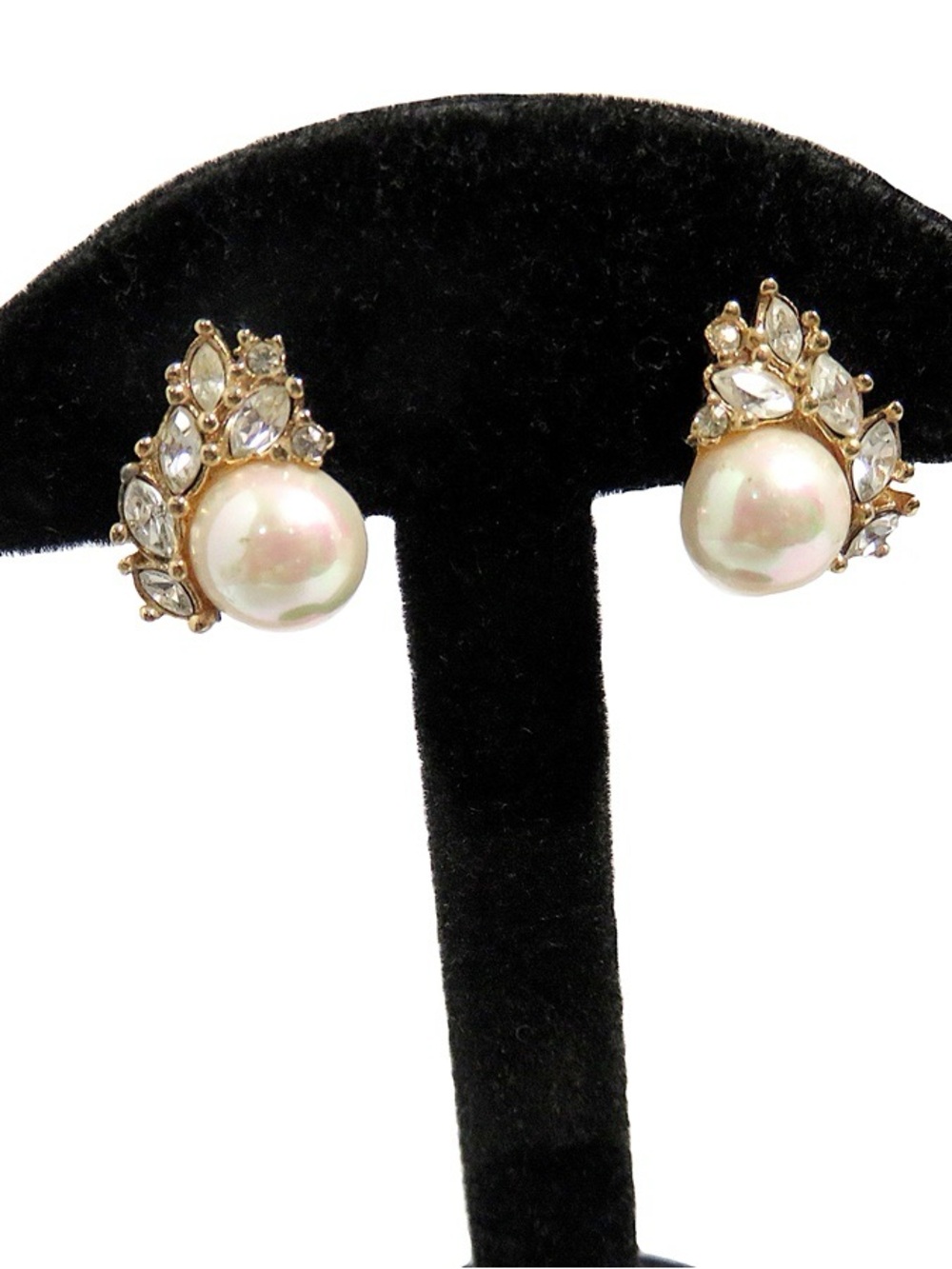 Vintage Christian Dior Round Pearl Marquise Rhinestone Wing Good Clip Earrings